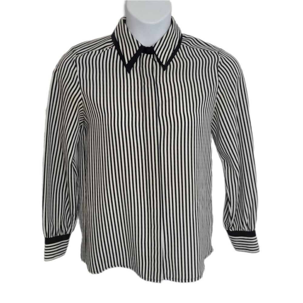 VINTAGE 80s blouse pinstriped pointed collar‎ button up shirt S